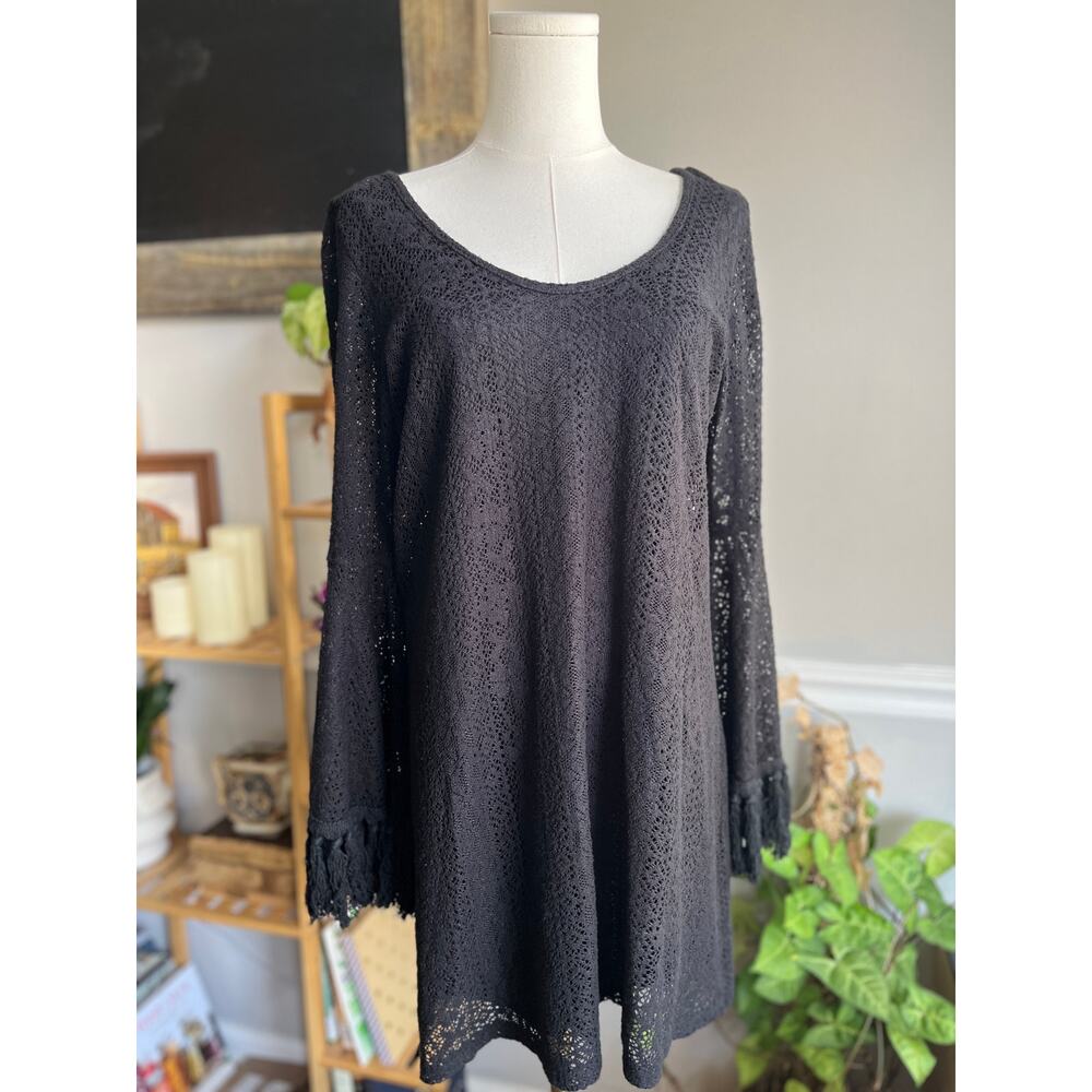 Vintage Y2K Black Floral Knit Dress Fringe Bell Sleeves 00s does 70s Size Medium